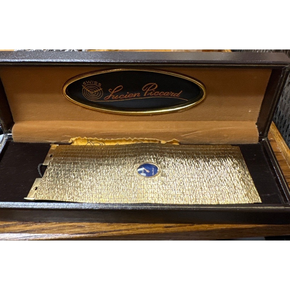 Vintage Lucien Piccard Swiss Gold Plated Textured Bracelet Watch w/ Box